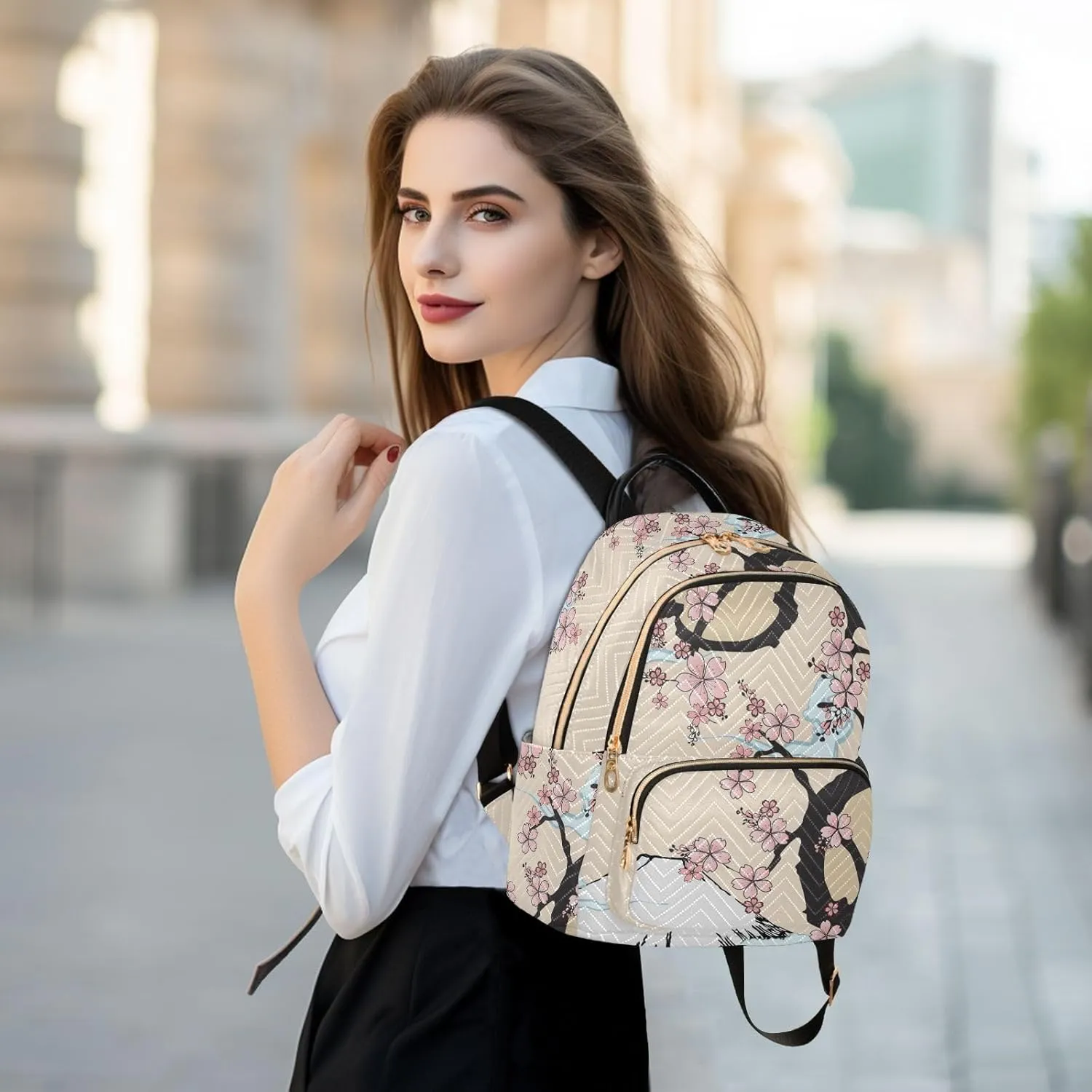 Japanese Fuji Mountain and Sakua Tree Mini Backpack Women's Quilted Small Backpack Purse for Women College Fashion Travel Daypack Shoulder Bag