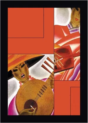 Japanese Instrument Player, 1931 by Frank McIntosh - 21" x 30" Framed Canvas Art Print - Black Frame - Ready to Hang