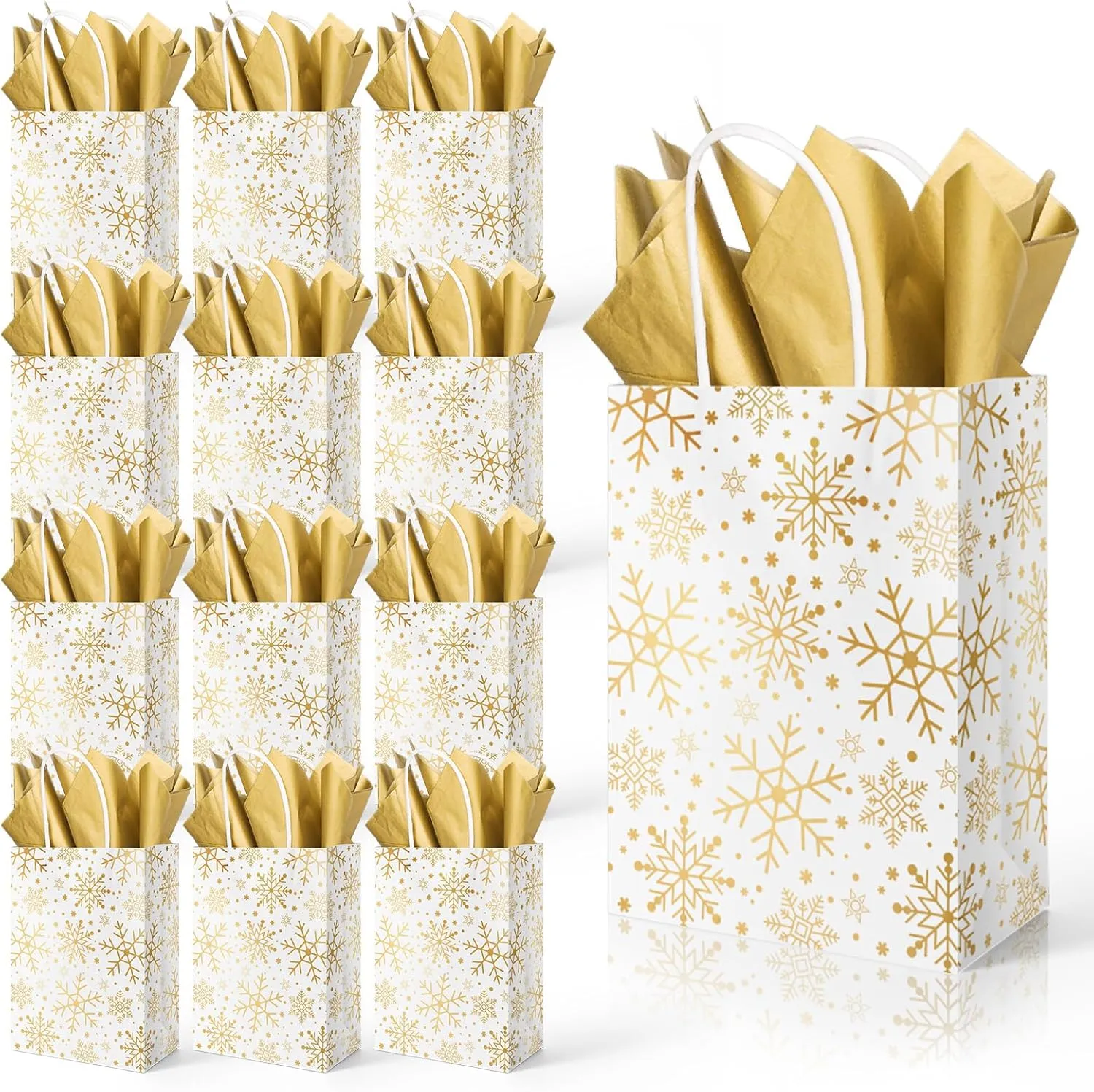 JarThenaAMCS 24 Pc Winter Christmas Snowflake Gift Bags with Gold Foil, Tissue Paper & Handles - Perfect for Weddings, Birthdays & Xmas Parties