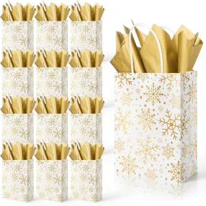 JarThenaAMCS 24 Pc Winter Christmas Snowflake Gift Bags with Gold Foil, Tissue Paper & Handles - Perfect for Weddings, Birthdays & Xmas Parties