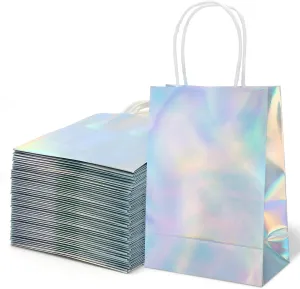 JarThenaAMCS 50Pcs Iridescent Paper Gift Bag Holographic Foil Paper Candy Goodie Bags Glitter Treat Bags with Handles for Wedding Birthday Baby Shower Party Supplies，8.3 x 5.9 x 3 Inch