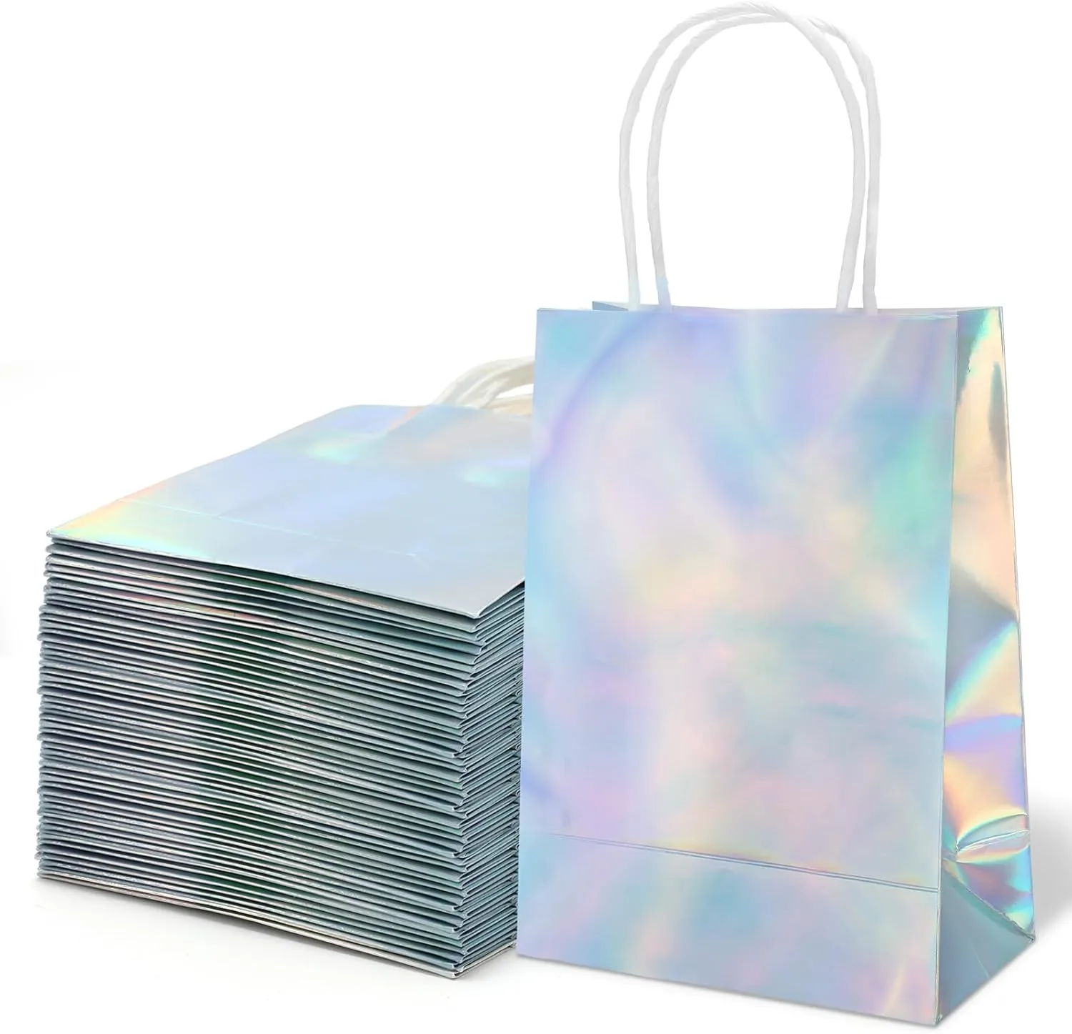 JarThenaAMCS 50Pcs Iridescent Paper Gift Bag Holographic Foil Paper Candy Goodie Bags Glitter Treat Bags with Handles for Wedding Birthday Baby Shower Party Supplies，8.3 x 5.9 x 3 Inch