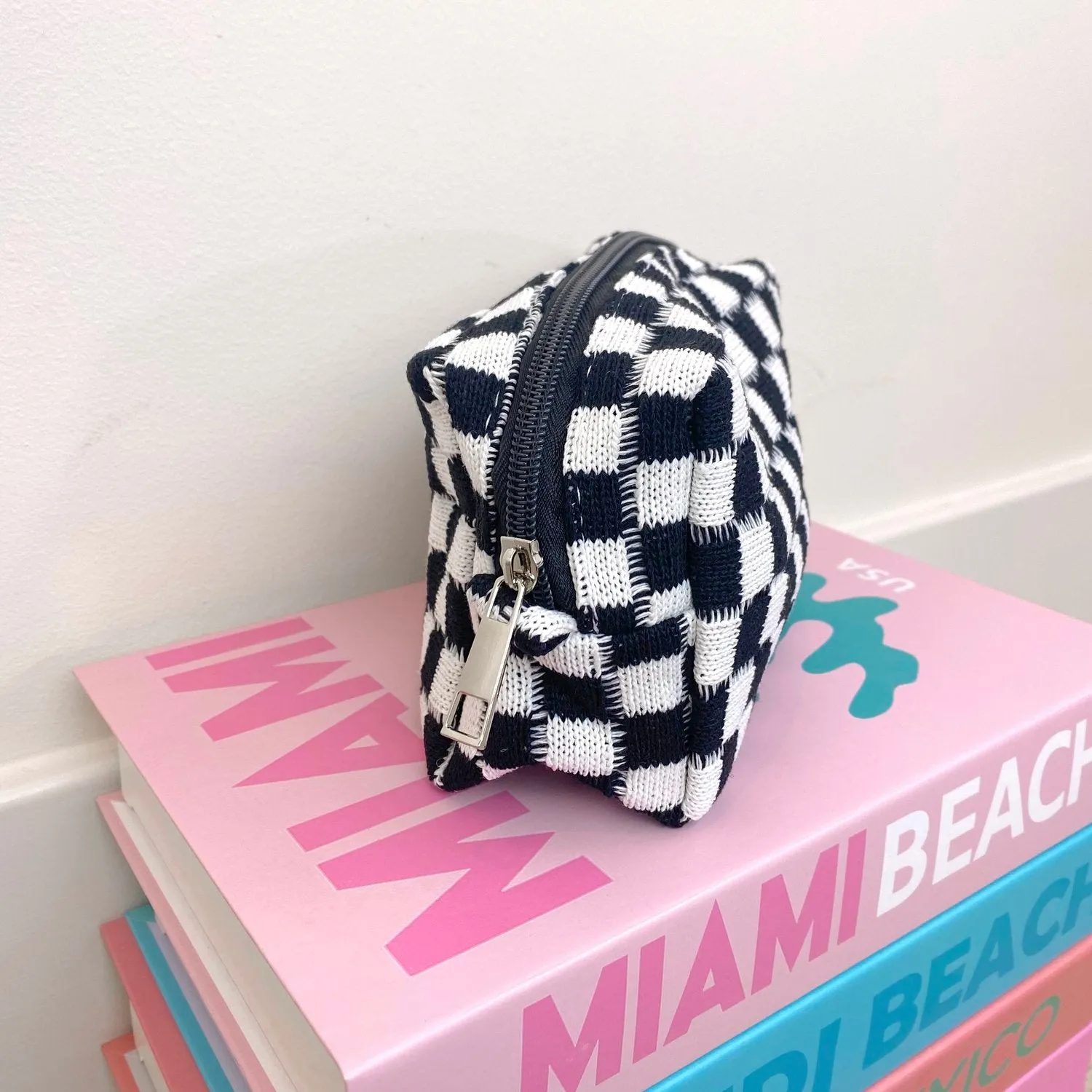 Jeannette Black Crochet Checkered Pouch