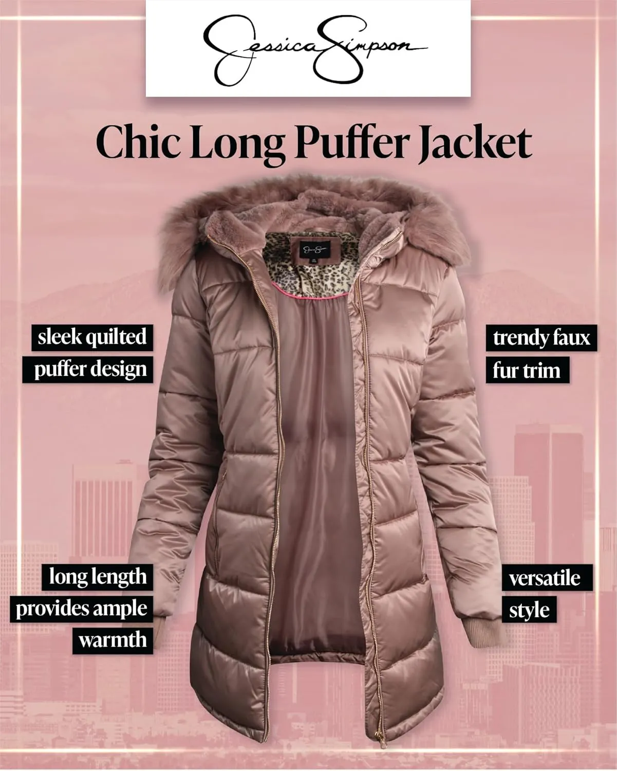 Jessica Simpson Women's Long Puffer Jacket - Quilted Winter Coat with Faux Fur Trim Hood - Insulated Coat for Women (S-XL)