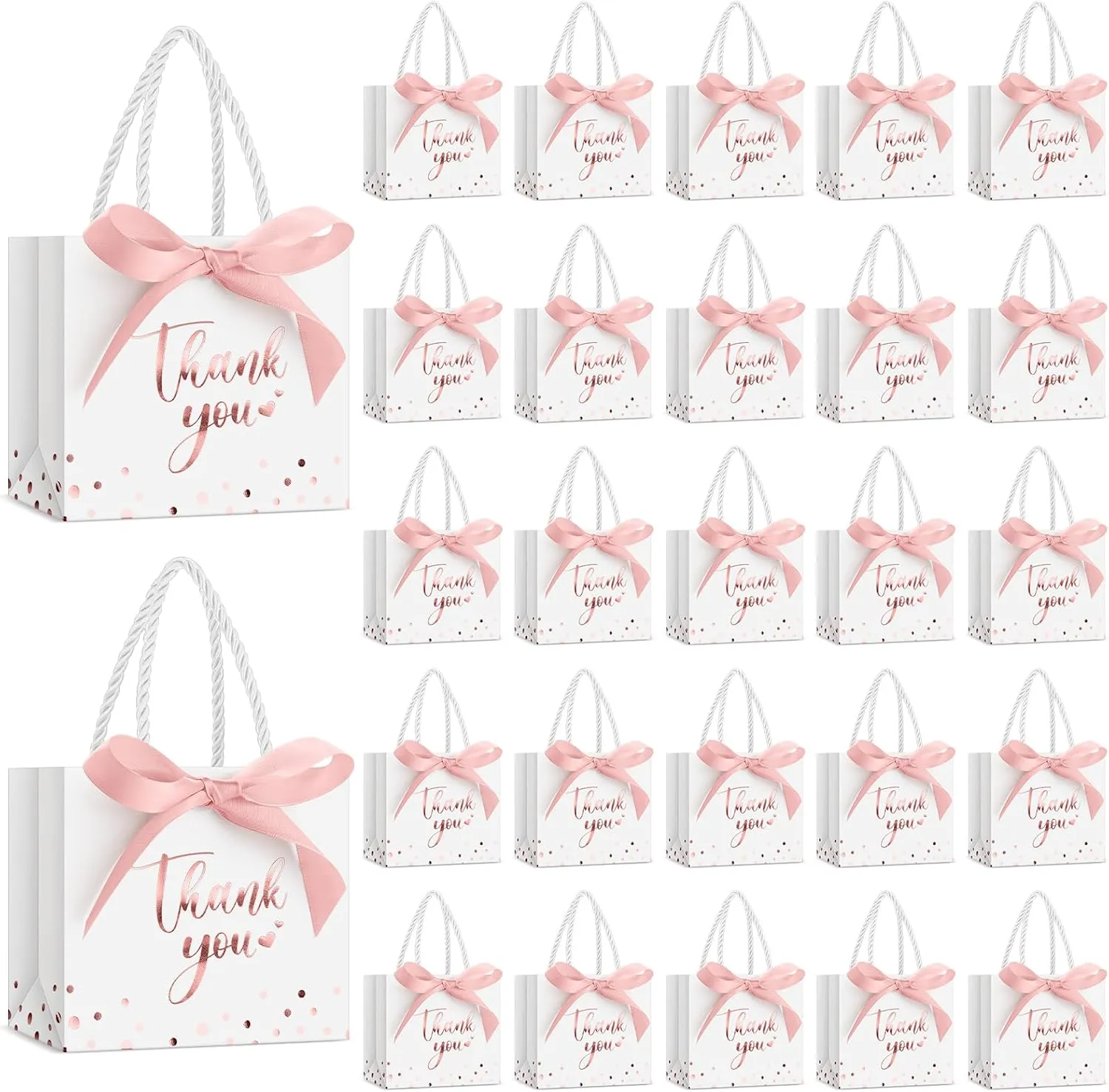 Jetec 15 Pcs Mini Paper Gift Bags Bulk 5.5x4.7x2.5'' Small Thank You Gift Candy Bag with Handle Party Favor Gift Bags with Bow Ribbon for Wedding Baby Bridal Shower Graduation Party Favor (White/rose)