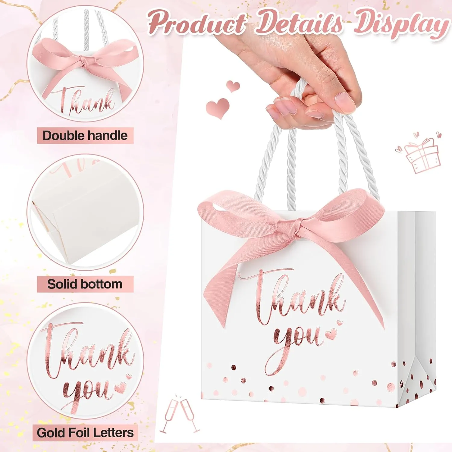Jetec 15 Pcs Mini Paper Gift Bags Bulk 5.5x4.7x2.5'' Small Thank You Gift Candy Bag with Handle Party Favor Gift Bags with Bow Ribbon for Wedding Baby Bridal Shower Graduation Party Favor (White/rose)