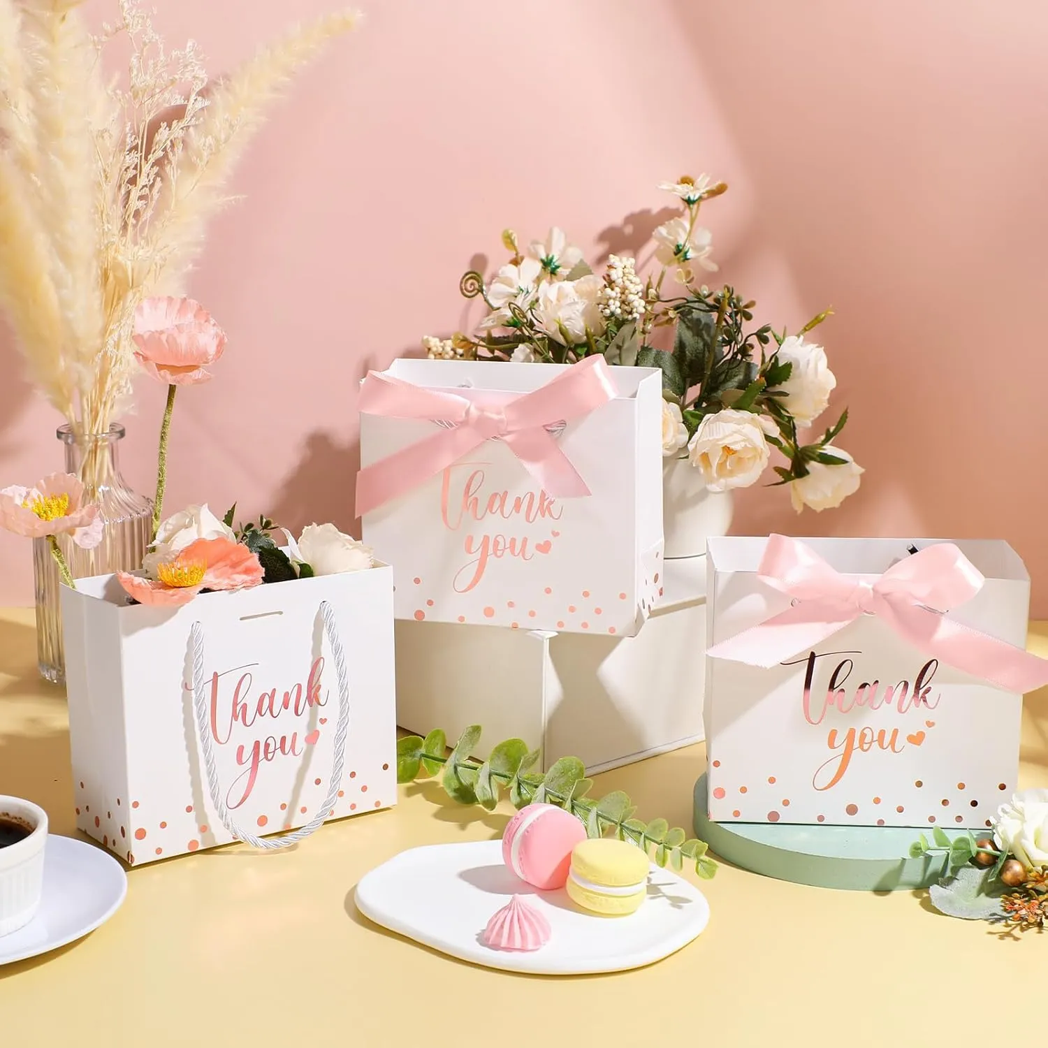 Jetec 15 Pcs Mini Paper Gift Bags Bulk 5.5x4.7x2.5'' Small Thank You Gift Candy Bag with Handle Party Favor Gift Bags with Bow Ribbon for Wedding Baby Bridal Shower Graduation Party Favor (White/rose)