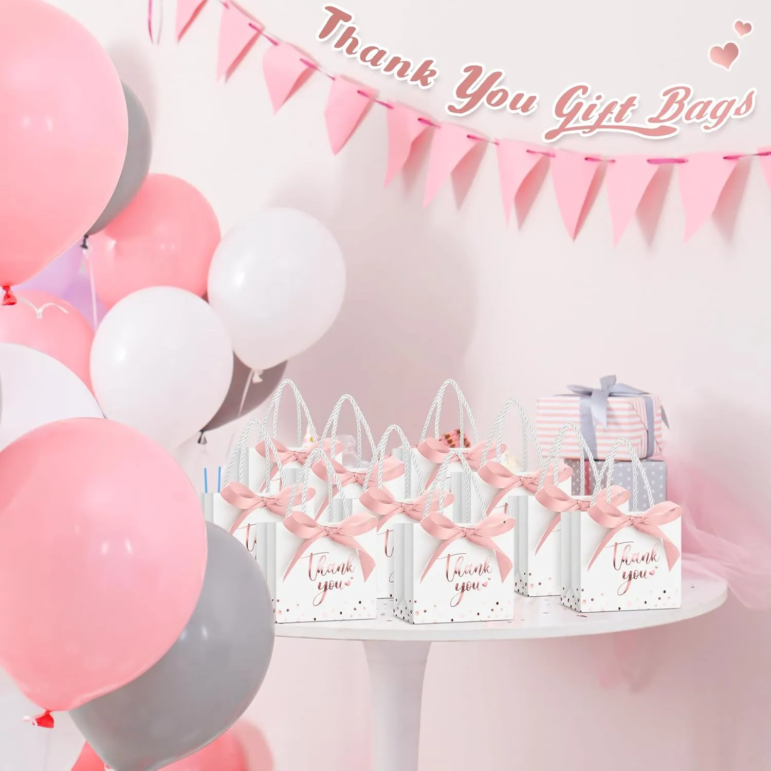 Jetec 15 Pcs Mini Paper Gift Bags Bulk 5.5x4.7x2.5'' Small Thank You Gift Candy Bag with Handle Party Favor Gift Bags with Bow Ribbon for Wedding Baby Bridal Shower Graduation Party Favor (White/rose)