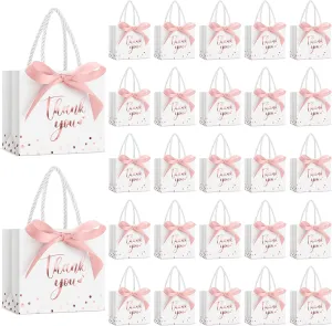 Jetec 15 Pcs Mini Paper Gift Bags Bulk 5.5x4.7x2.5'' Small Thank You Gift Candy Bag with Handle Party Favor Gift Bags with Bow Ribbon for Wedding Baby Bridal Shower Graduation Party Favor (White/rose)