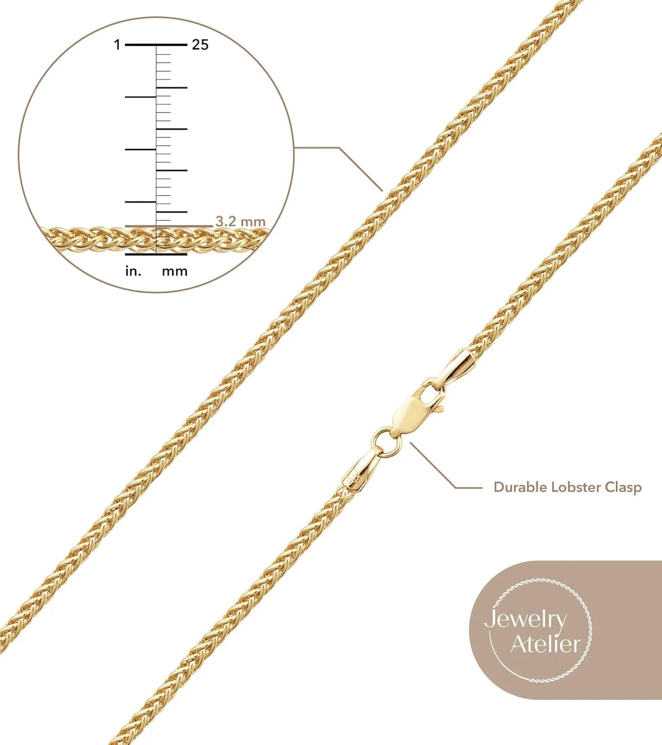 Jewelry Atelier Gold Chain Necklace Collection - 14K Solid Yellow Gold Filled Round Wheat/Palm Chain Necklaces for Women and Men with Different Sizes (2.5mm, or 3.2mm)