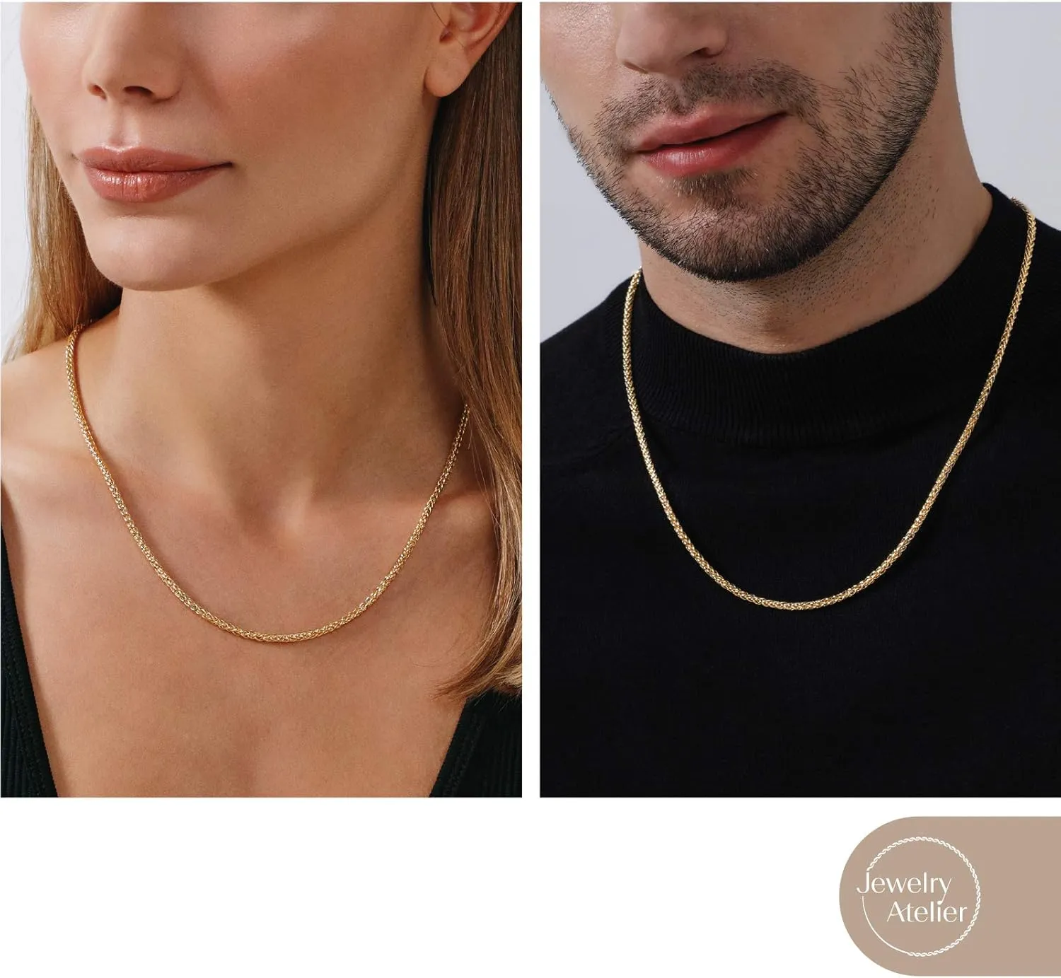 Jewelry Atelier Gold Chain Necklace Collection - 14K Solid Yellow Gold Filled Round Wheat/Palm Chain Necklaces for Women and Men with Different Sizes (2.5mm, or 3.2mm)