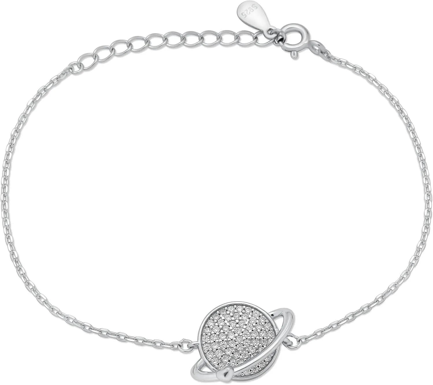 Jewelry Sterling Silver Cosmic Planet Heart Bracelet, 925 Rhodium Plated, 7.3 Inches with Extension, Gift Pouch