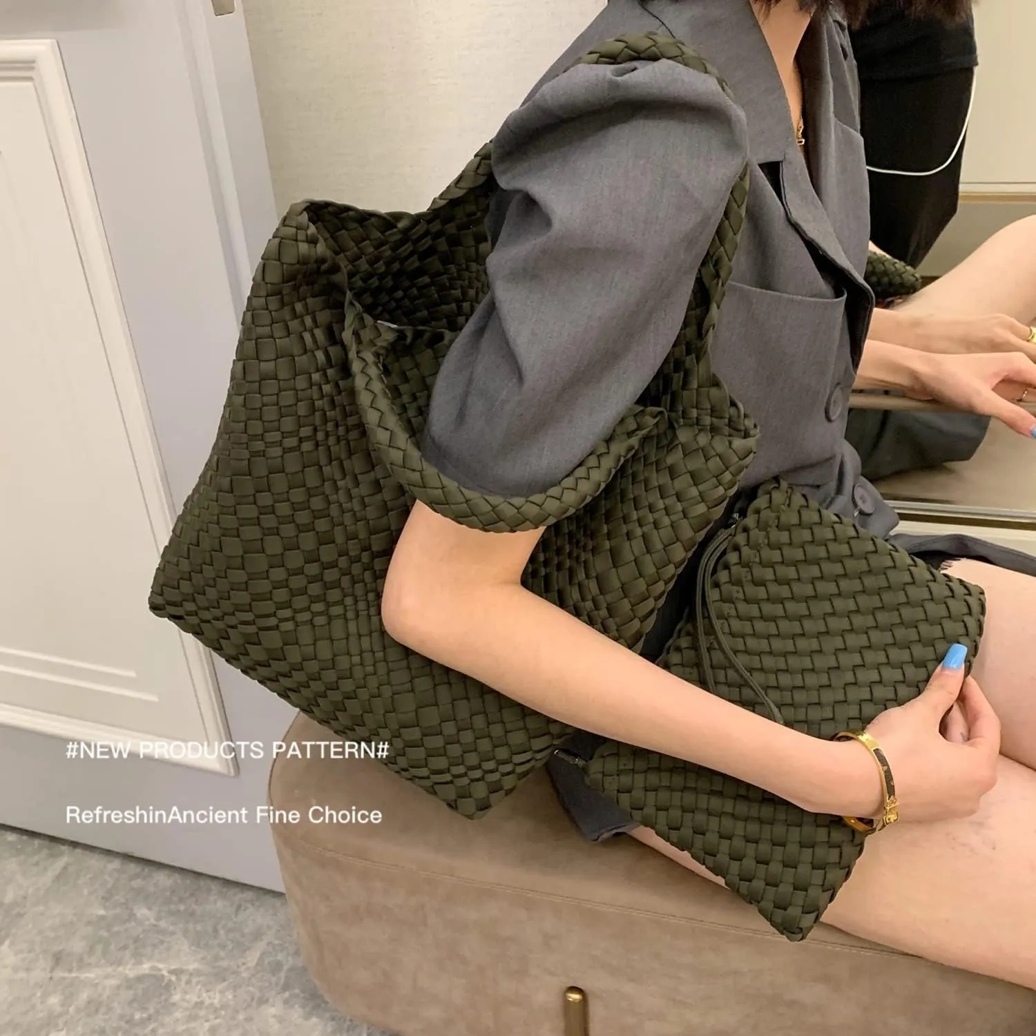 JINMANXUE Woven Hobo Bag For Women Neoprene Tote Bag Large Capacity Handbag Patchwork Handmade Casual Shoulder Bags