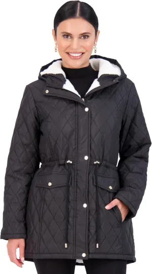 Jones NY Diamond-Quilted Jacket Anorak with Fur Lining - Winter Coats for Women, Black