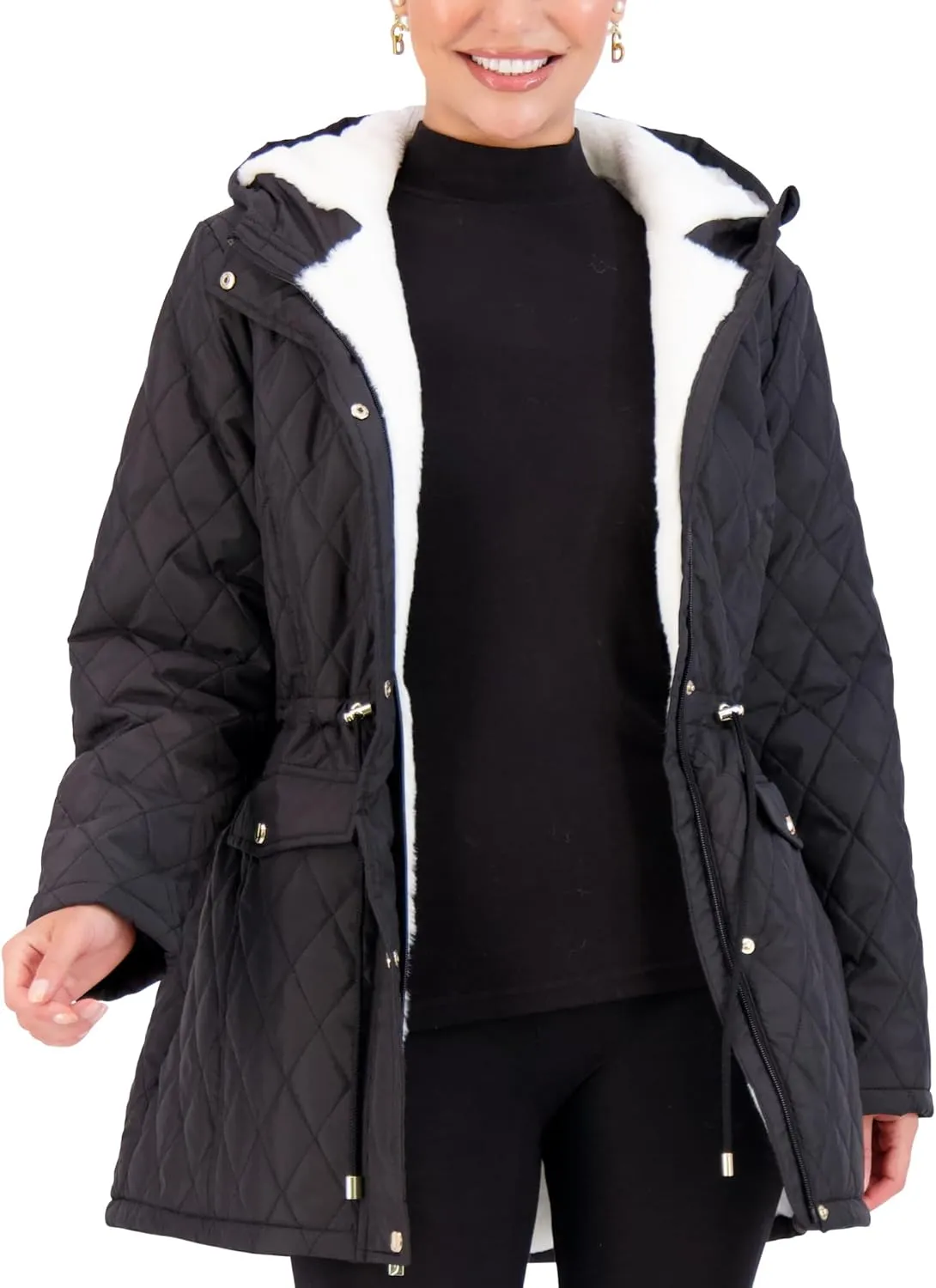 Jones NY Diamond-Quilted Jacket Anorak with Fur Lining - Winter Coats for Women, Black