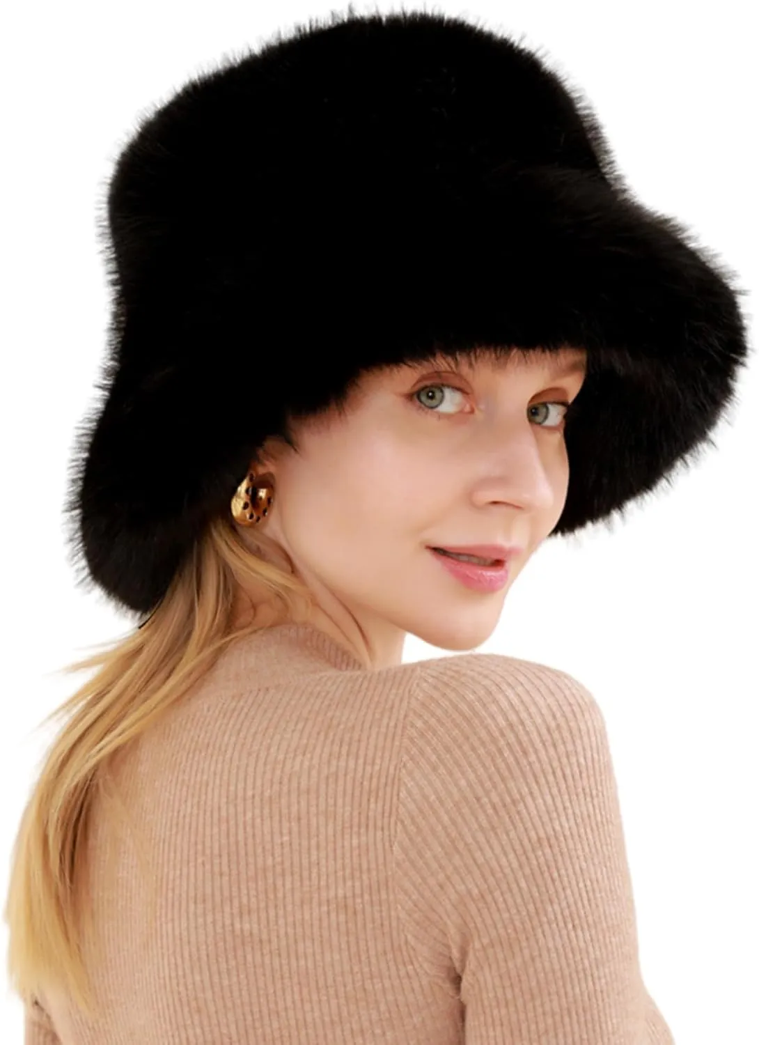JUMISEE Fuzzy Faux Fur Bucket Hats for Women Girls Furry Russian Style Winter Fisherman Cap Warm Ski Snow Hat
