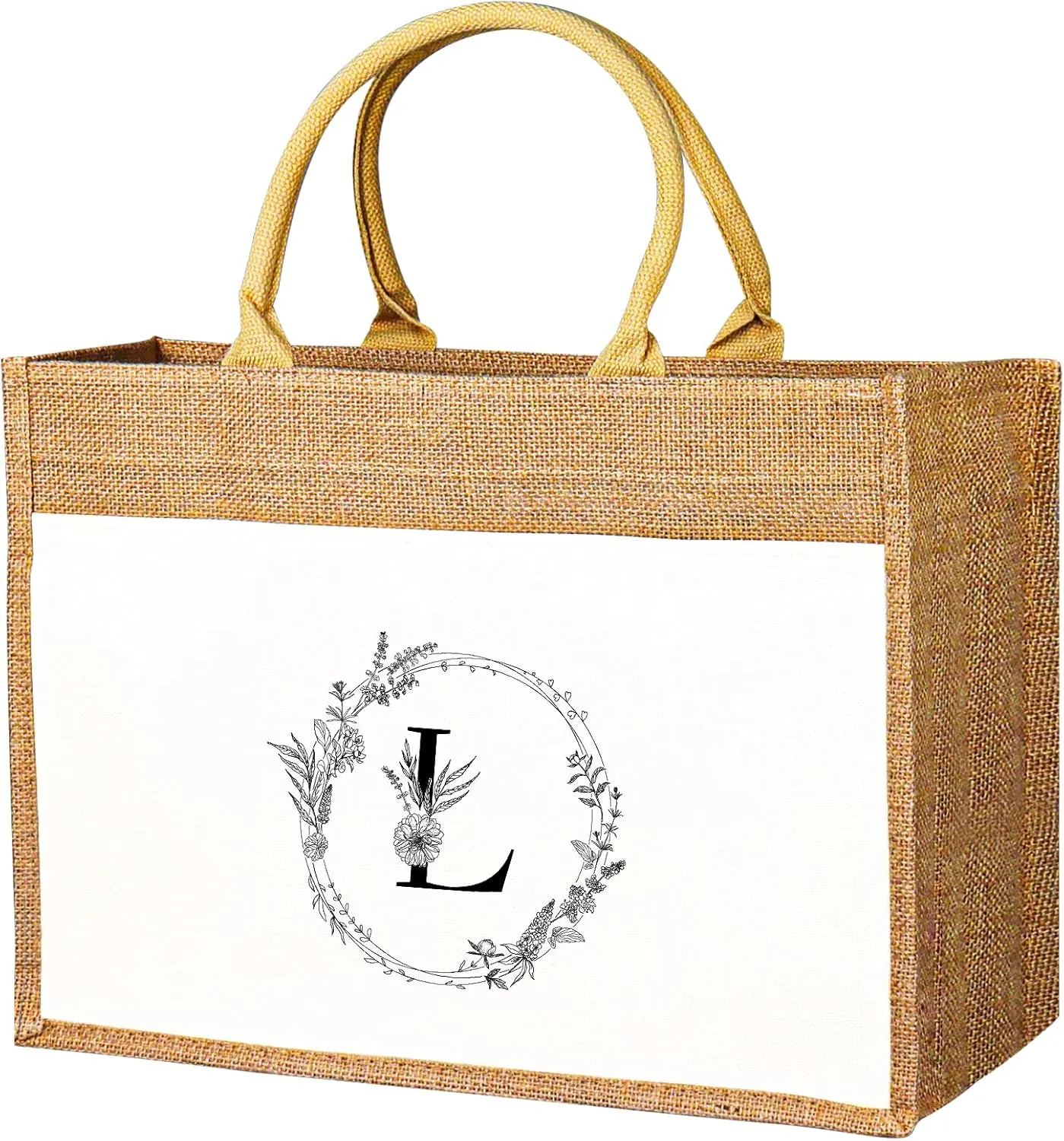 JUSTOTRY Initial Tote Bag - Natural Jute Large 13OZ Utility Personalized Canva Tote Bag Monogrammed Gift for Women
