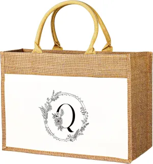 JUSTOTRY Initial Tote Bag - Natural Jute Large 13OZ Utility Personalized Canva Tote Bag Monogrammed Gift for Women