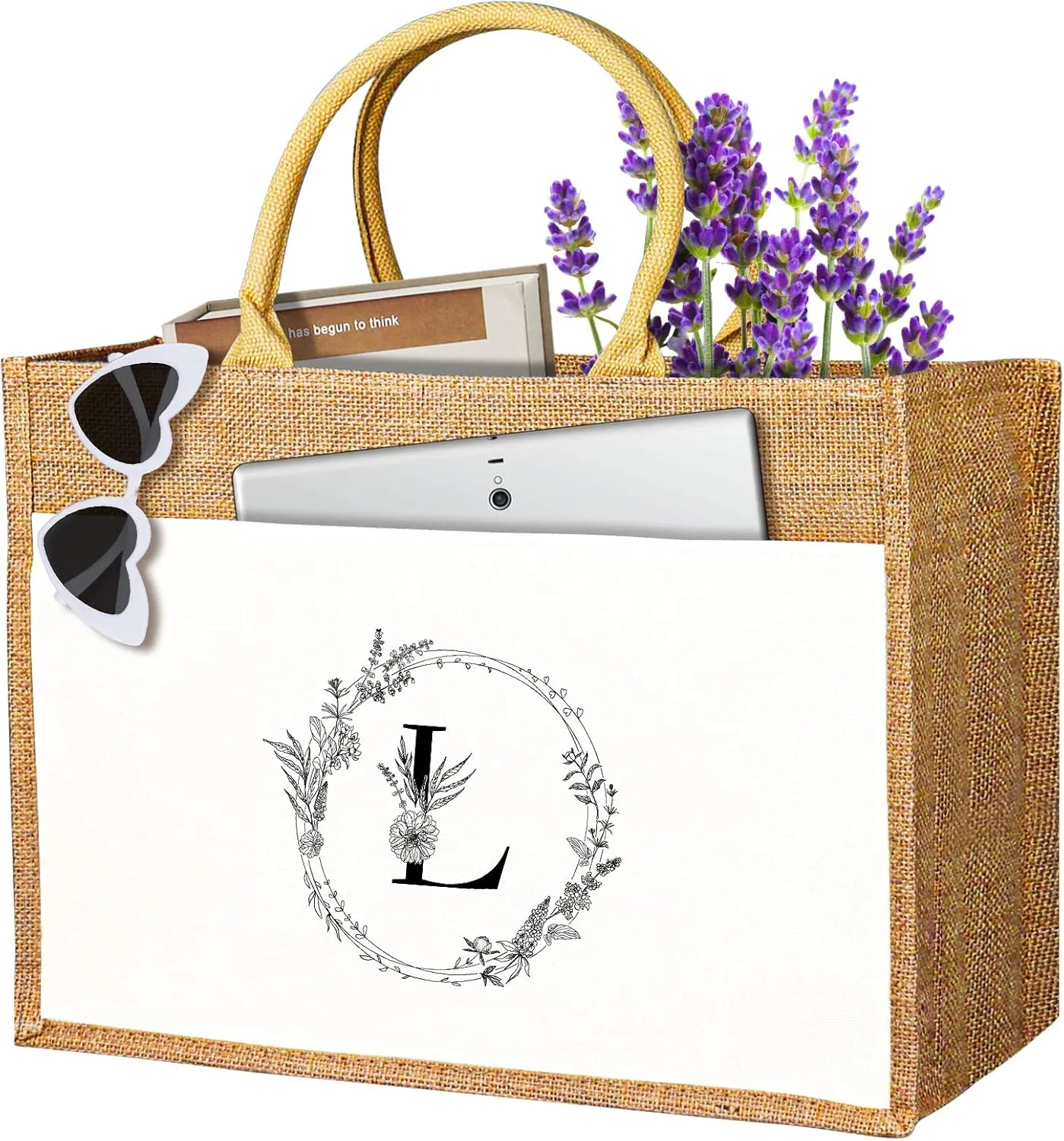 JUSTOTRY Initial Tote Bag - Natural Jute Large 13OZ Utility Personalized Canva Tote Bag Monogrammed Gift for Women