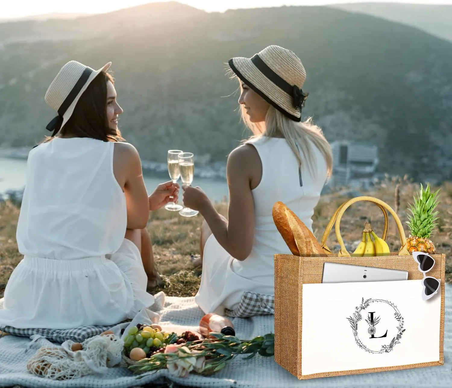 JUSTOTRY Initial Tote Bag - Natural Jute Large 13OZ Utility Personalized Canva Tote Bag Monogrammed Gift for Women