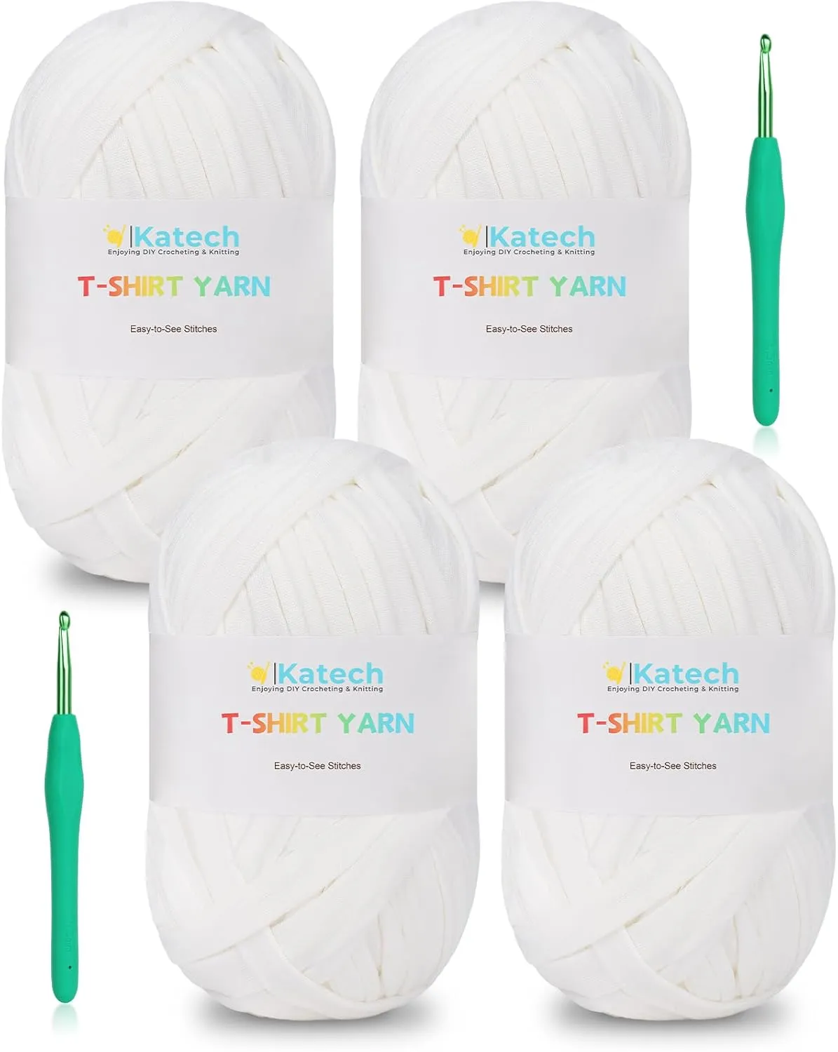 Katech 400g T-Shirt Yarn for Crocheting, 130 Yards Elastic Fabric Cloth for Knitting Bag, Basket, Cushion Projects - Super Easy for Beginners to Learn Crochet (White)