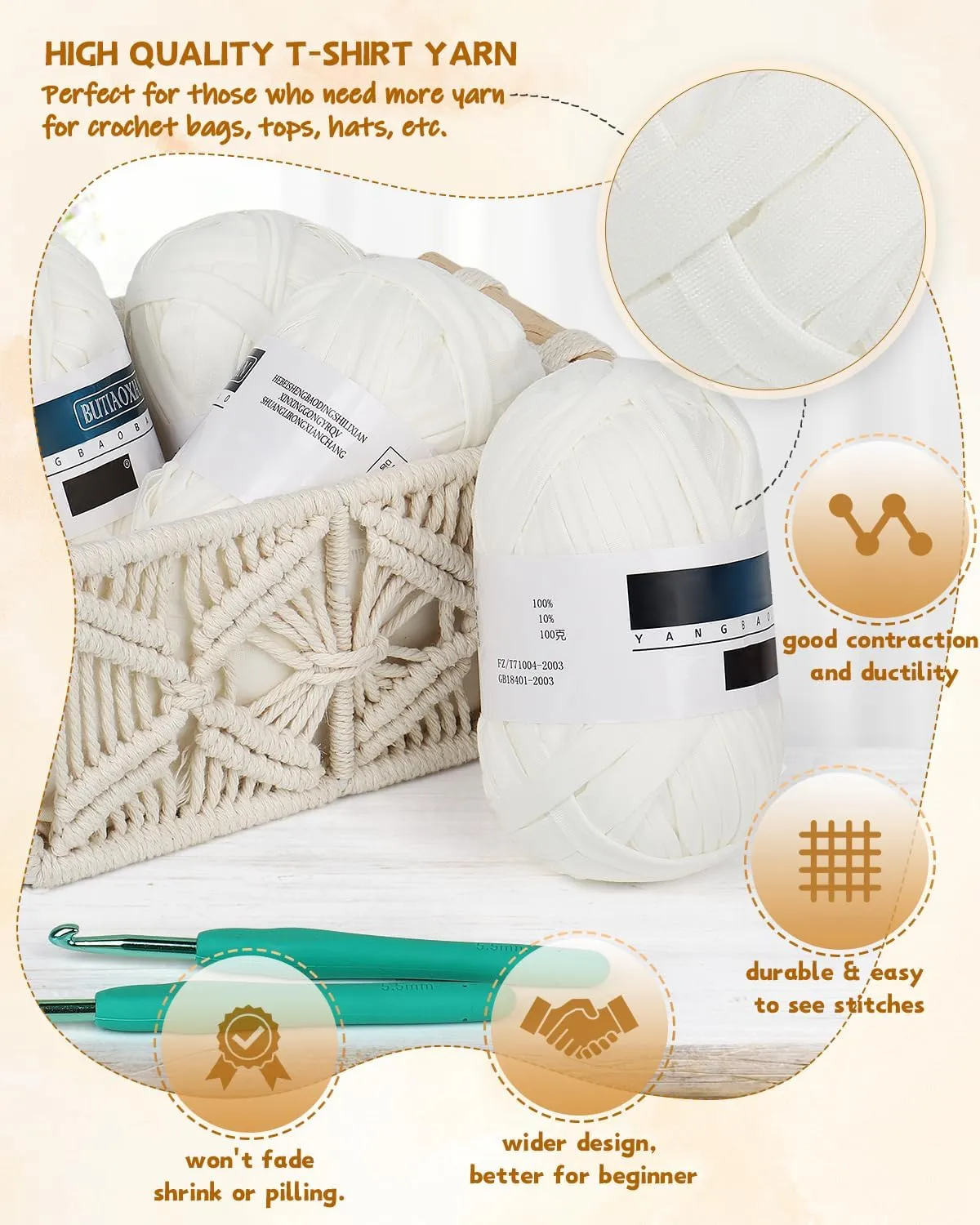 Katech 400g T-Shirt Yarn for Crocheting, 130 Yards Elastic Fabric Cloth for Knitting Bag, Basket, Cushion Projects - Super Easy for Beginners to Learn Crochet (White)