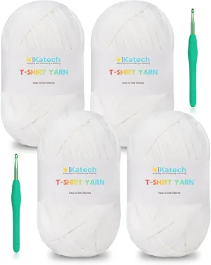 Katech 400g T-Shirt Yarn for Crocheting, 130 Yards Elastic Fabric Cloth for Knitting Bag, Basket, Cushion Projects - Super Easy for Beginners to Learn Crochet (White)
