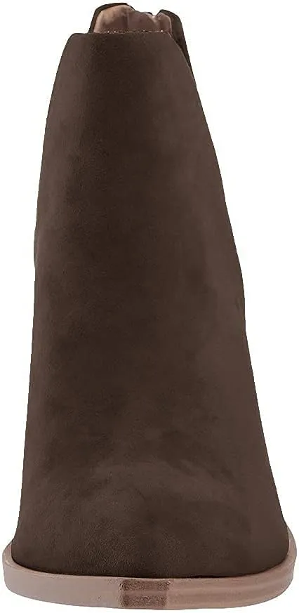 Kathemoi Womens Slip on Ankle Boots V Cutout Pointed Toe Chunky Stacked Mid Heel Booties