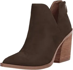 Kathemoi Womens Slip on Ankle Boots V Cutout Pointed Toe Chunky Stacked Mid Heel Booties