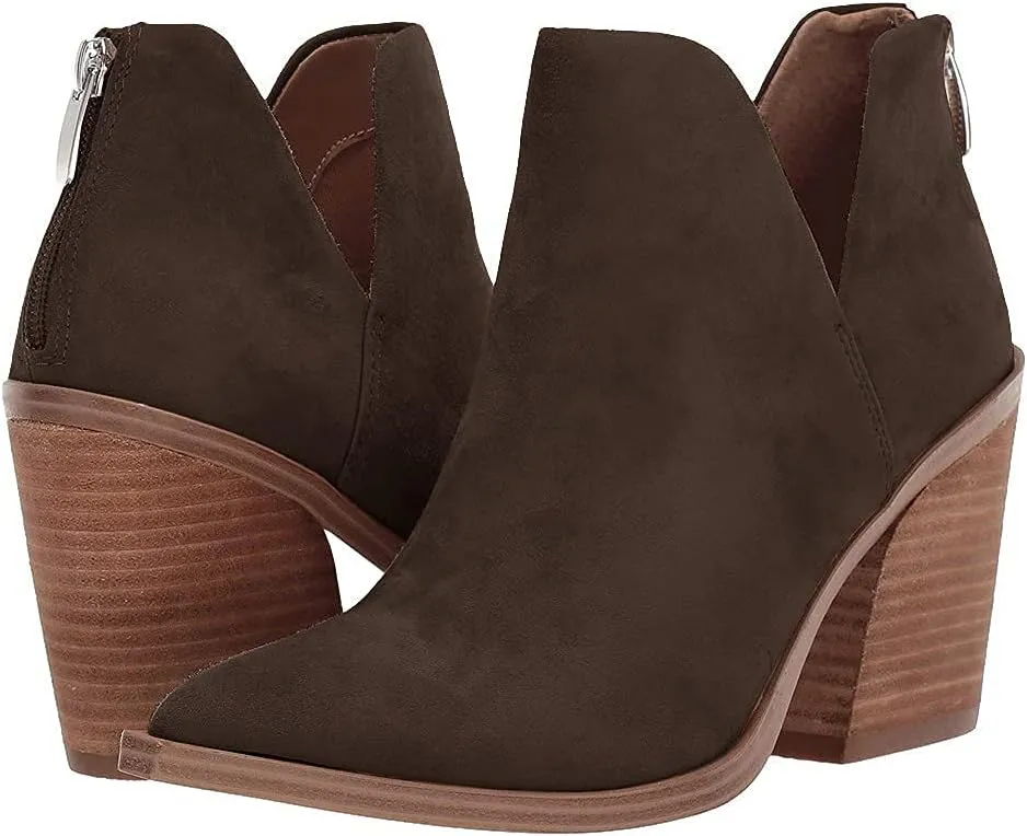 Kathemoi Womens Slip on Ankle Boots V Cutout Pointed Toe Chunky Stacked Mid Heel Booties