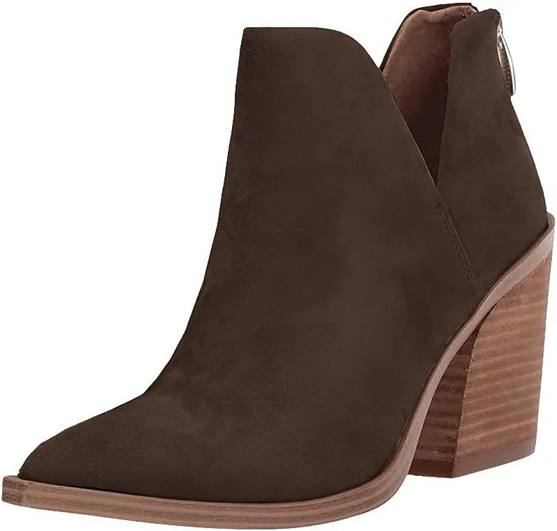 Kathemoi Womens Slip on Ankle Boots V Cutout Pointed Toe Chunky Stacked Mid Heel Booties