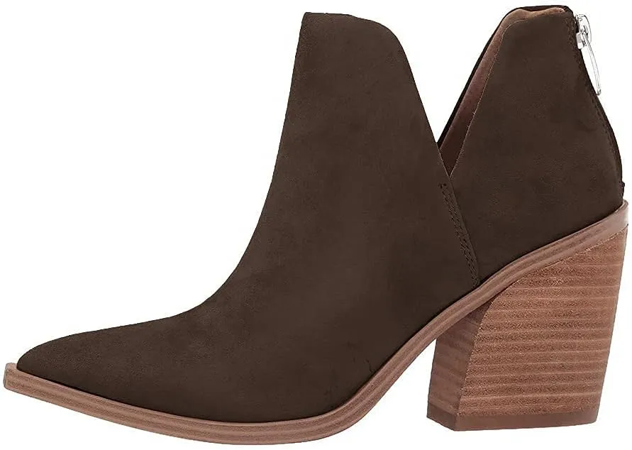 Kathemoi Womens Slip on Ankle Boots V Cutout Pointed Toe Chunky Stacked Mid Heel Booties