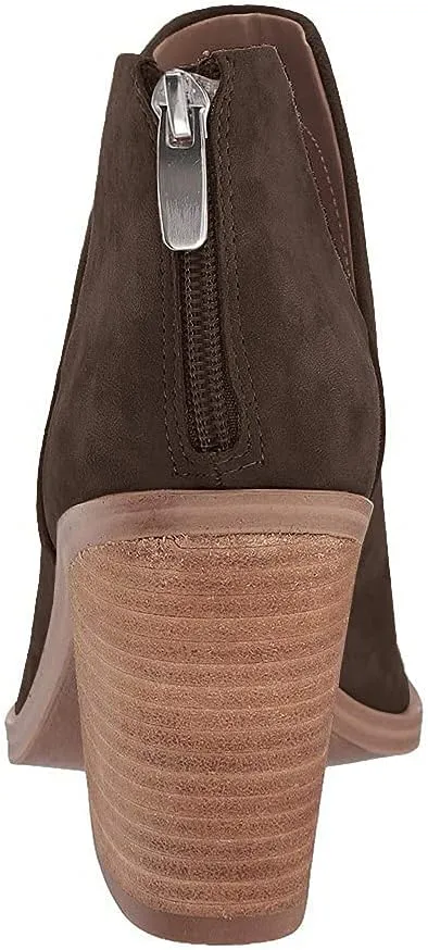 Kathemoi Womens Slip on Ankle Boots V Cutout Pointed Toe Chunky Stacked Mid Heel Booties