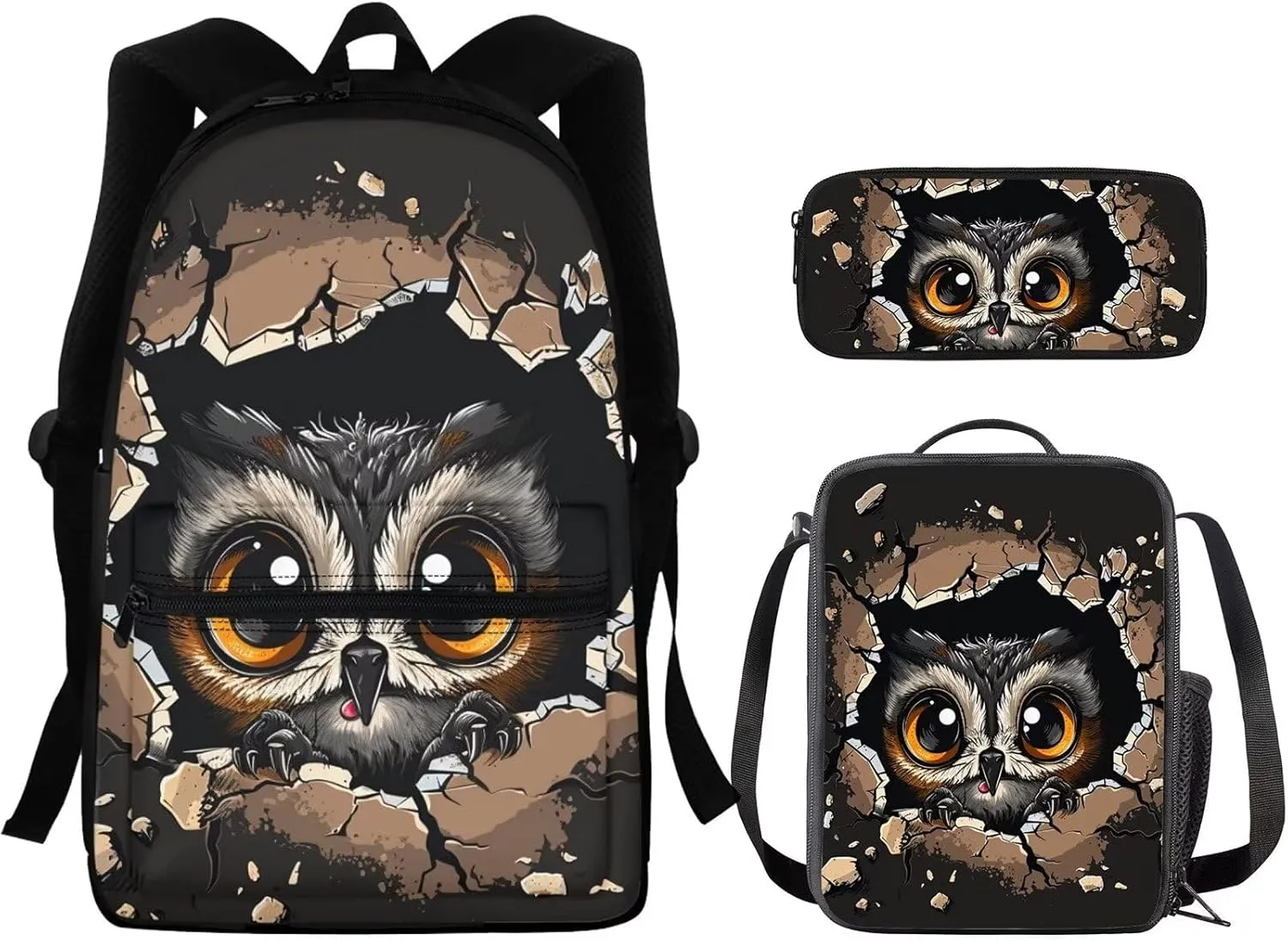 Kawaii Owl Backpack for School Kids Backpack Set for Girls 8-10 Large Capacity Laptop Rucksack with Thermal Portable Lunch Box Mini Pencil Case 3pcs