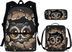 Kawaii Owl Backpack for School Kids Backpack Set for Girls 8-10 Large Capacity Laptop Rucksack with Thermal Portable Lunch Box Mini Pencil Case 3pcs