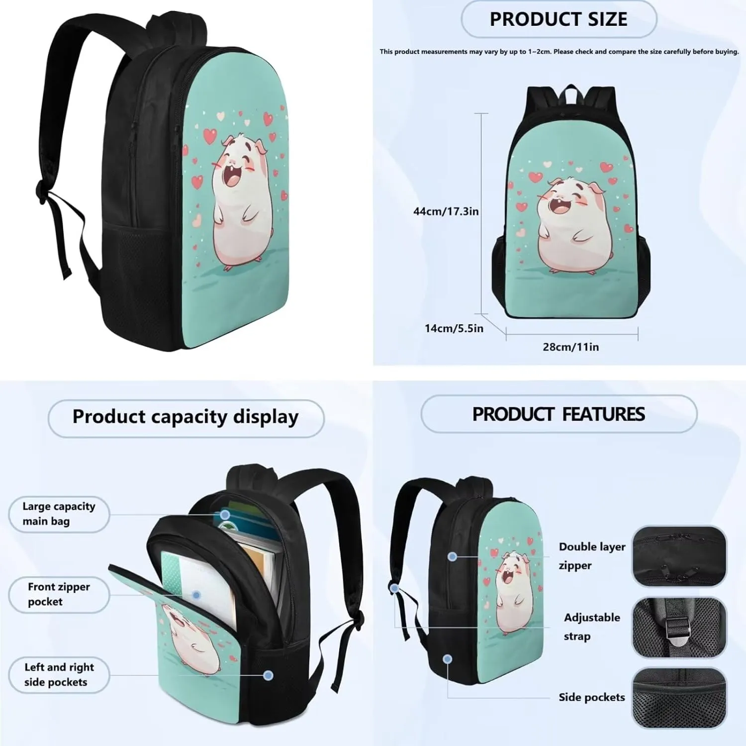 Kawaii Voles Elementary School Backpack for Girls Multi-Functional Fashion School Messenger Bag Retain Freshness Freezable Lunch Bag Mini Freezable Lunch Bag for Students