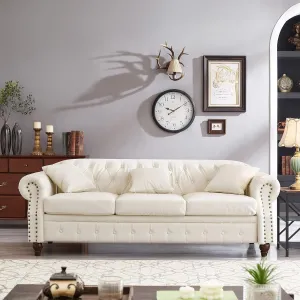 KEIKI 85.8" Chesterfield Sofa, Retro Style Upholstered with Storage Faux Leather PU Couch with Rolled Arm, Nailhead for Living Room Bedroom Office Apartment, Ivory