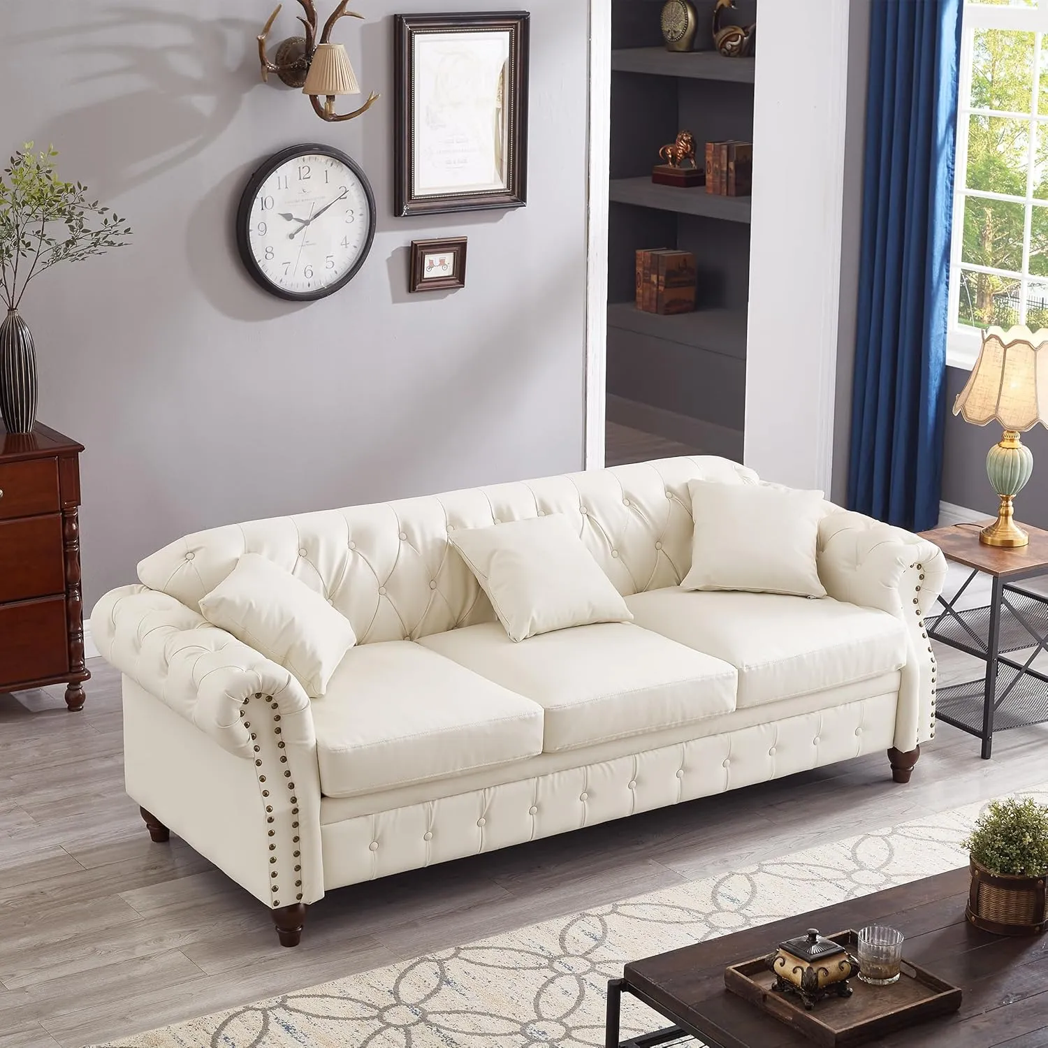 KEIKI 85.8" Chesterfield Sofa, Retro Style Upholstered with Storage Faux Leather PU Couch with Rolled Arm, Nailhead for Living Room Bedroom Office Apartment, Ivory