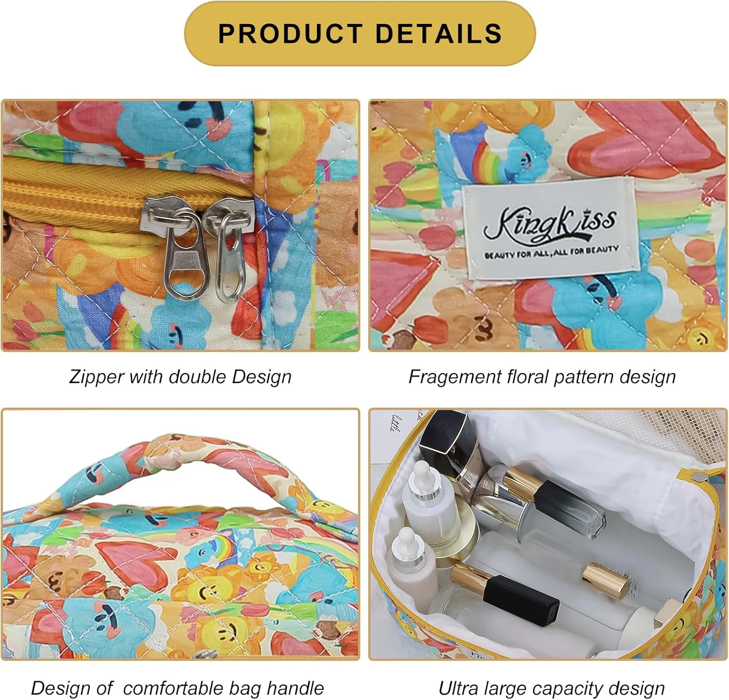 kingkiss Makeup Bag, Quilted Cosmetic Bag, Large Capacity Make Up Bag for Women, Cute Floral Storage Toiletry Bag Travel Storage Makeup Bag(Love Doodle)