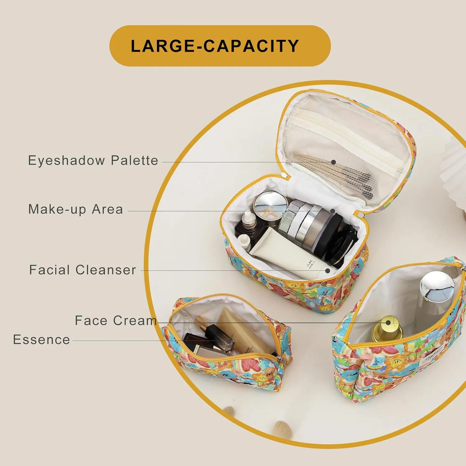 kingkiss Makeup Bag, Quilted Cosmetic Bag, Large Capacity Make Up Bag for Women, Cute Floral Storage Toiletry Bag Travel Storage Makeup Bag(Love Doodle)