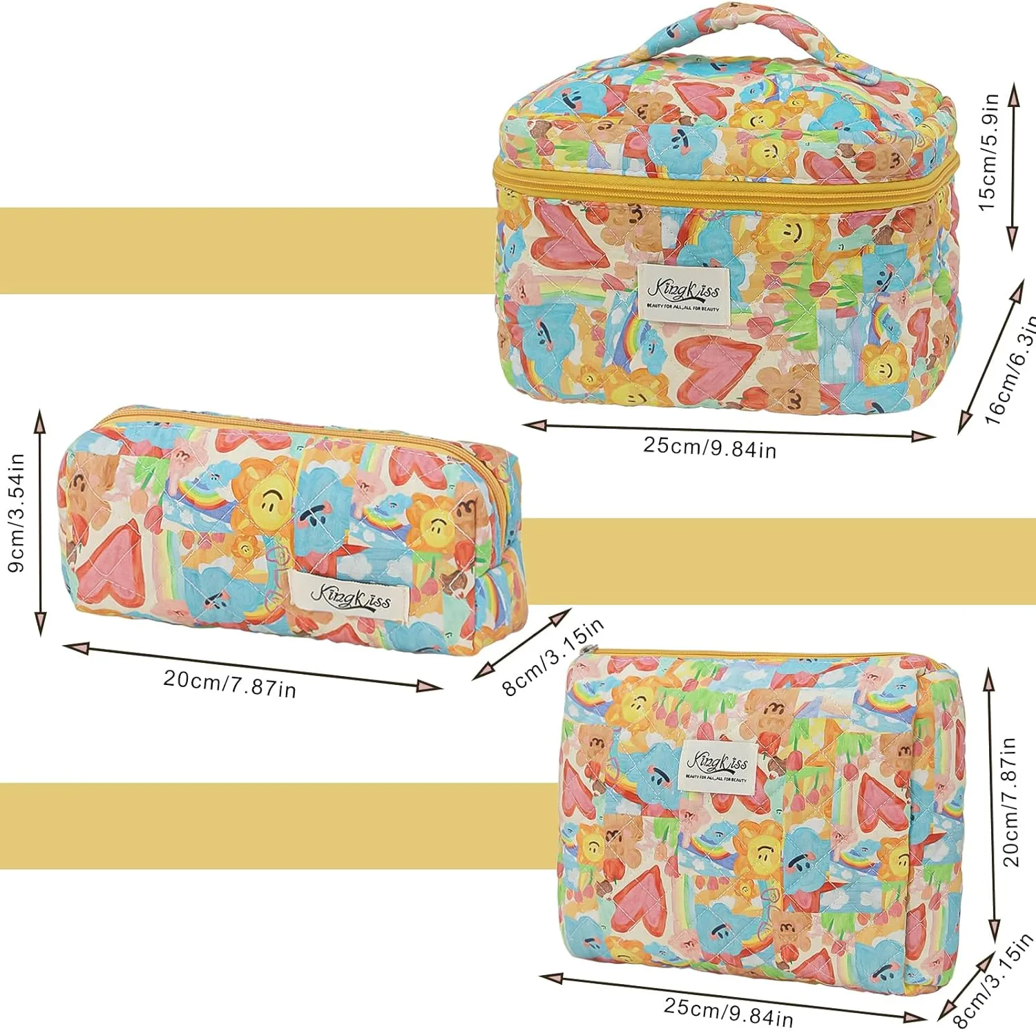 kingkiss Makeup Bag, Quilted Cosmetic Bag, Large Capacity Make Up Bag for Women, Cute Floral Storage Toiletry Bag Travel Storage Makeup Bag(Love Doodle)