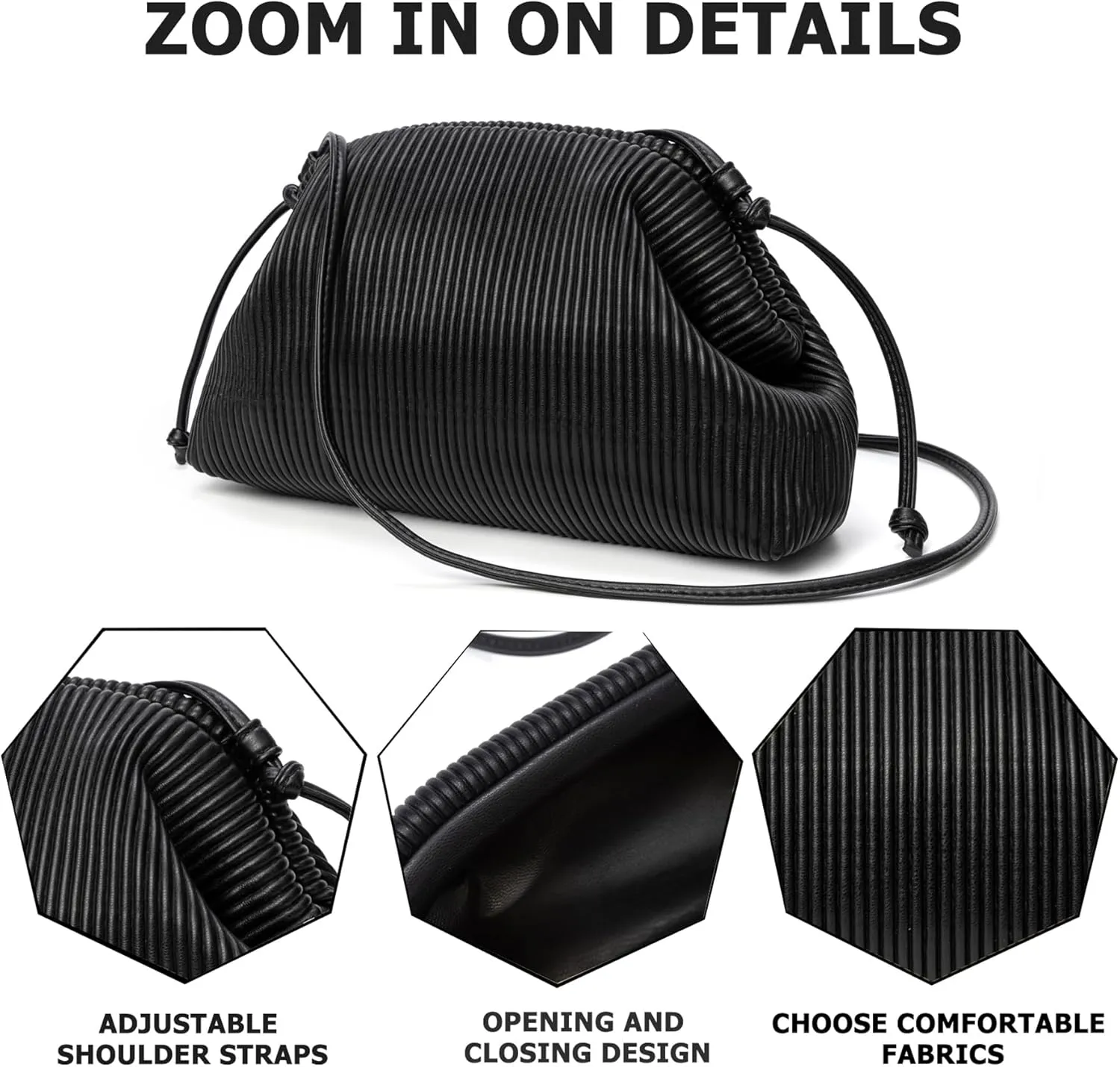 KingTo Clutch Purses for Women, Soft Cloud Bag Fashion Dumpling with Ruched Pouch Handbag for Crossbody Shoulder