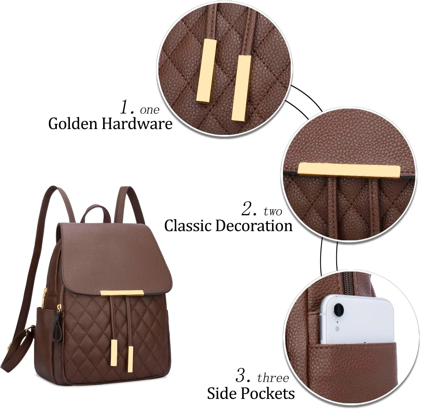 KKXIU Quilted Trendy Leather Backpack Purse for Women and Ladies Shoulder Travel Daypacks Bags (Coffee)