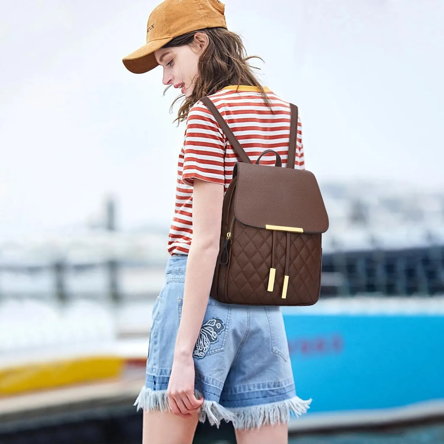 KKXIU Quilted Trendy Leather Backpack Purse for Women and Ladies Shoulder Travel Daypacks Bags (Coffee)