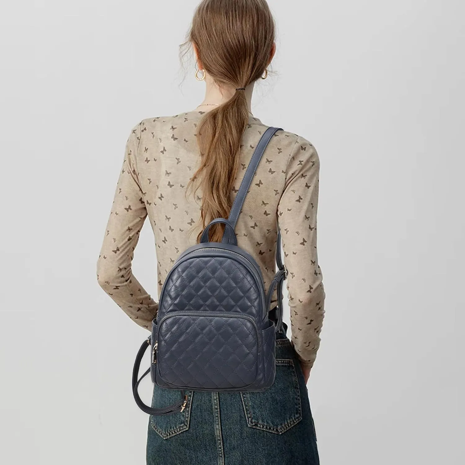 KL928 Quilted Mini Backpack for Women, PU Leather Backpack Purse Designer Satchel Bag, Small Casual Daypack for Ladies (Blue)