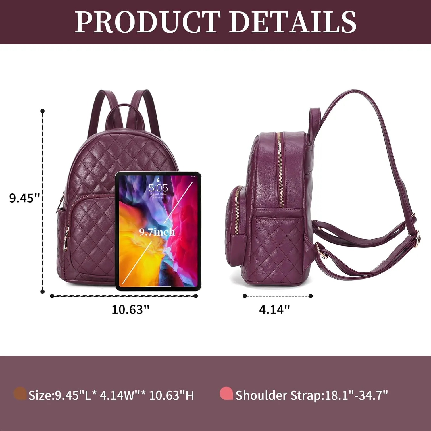 KL928 Quilted Mini Backpack for Women, PU Leather Backpack Purse Designer Satchel Bag, Small Casual Daypack for Ladies (Grape Purple)