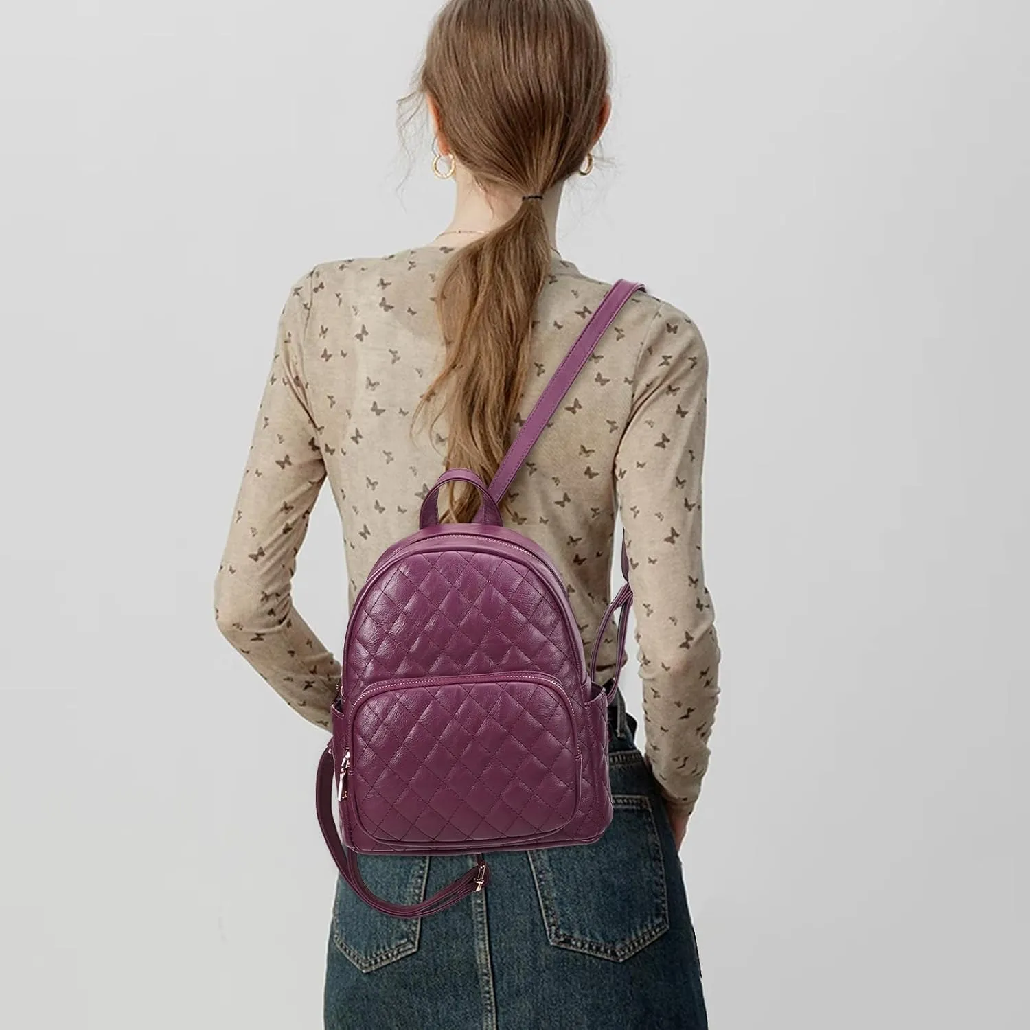 KL928 Quilted Mini Backpack for Women, PU Leather Backpack Purse Designer Satchel Bag, Small Casual Daypack for Ladies (Grape Purple)