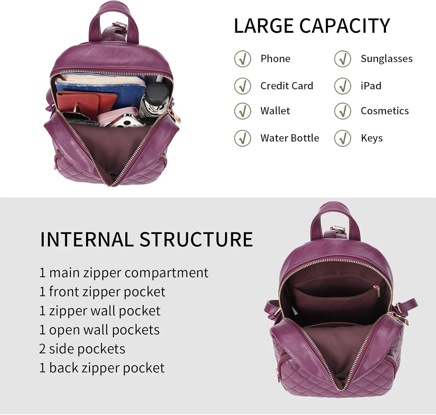 KL928 Quilted Mini Backpack for Women, PU Leather Backpack Purse Designer Satchel Bag, Small Casual Daypack for Ladies (Grape Purple)