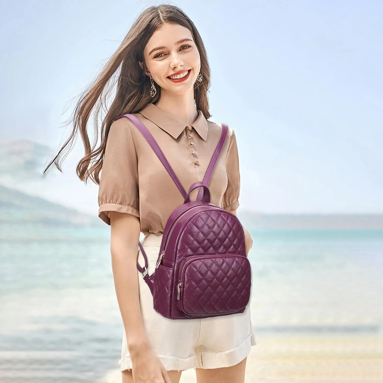 KL928 Quilted Mini Backpack for Women, PU Leather Backpack Purse Designer Satchel Bag, Small Casual Daypack for Ladies (Grape Purple)