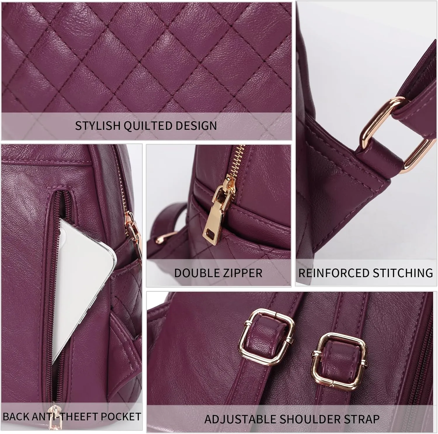 KL928 Quilted Mini Backpack for Women, PU Leather Backpack Purse Designer Satchel Bag, Small Casual Daypack for Ladies (Grape Purple)